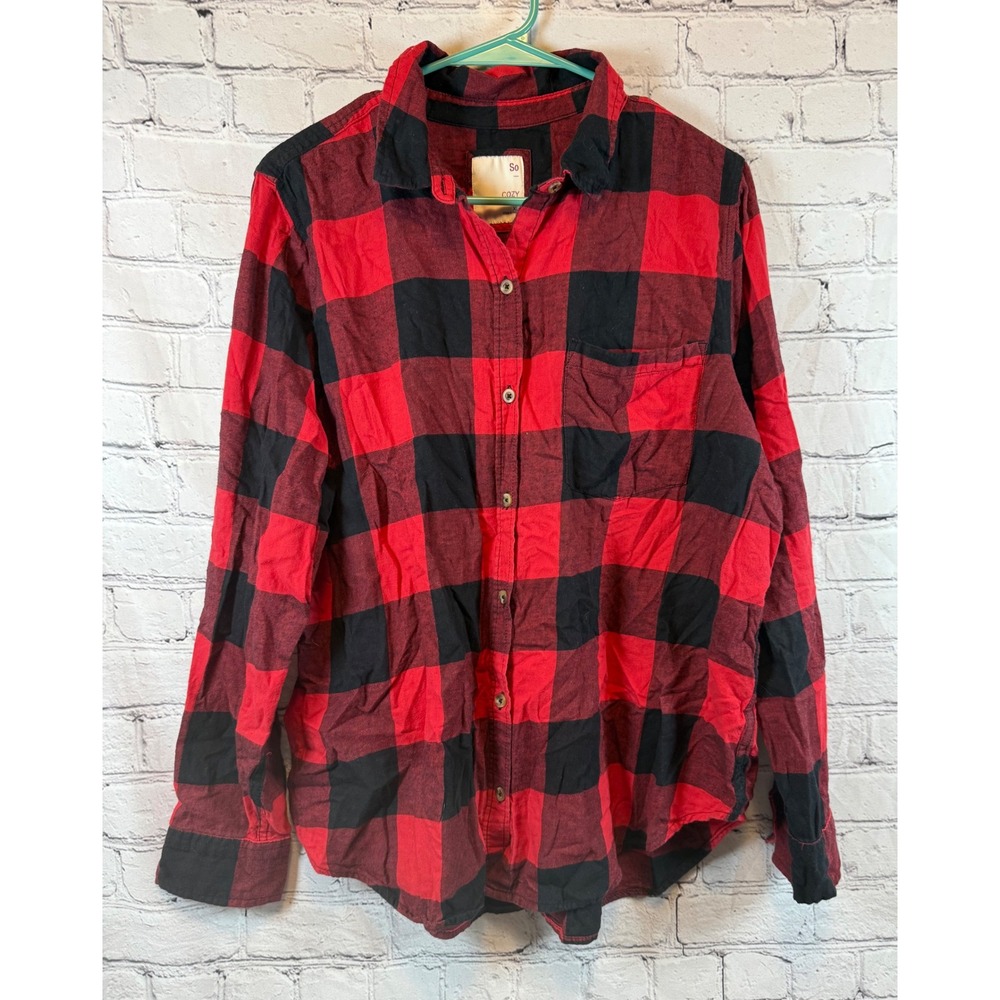 SO Cozy Shirt‎ XL Red Black Plaid Flannel Long Sleeve Button Down